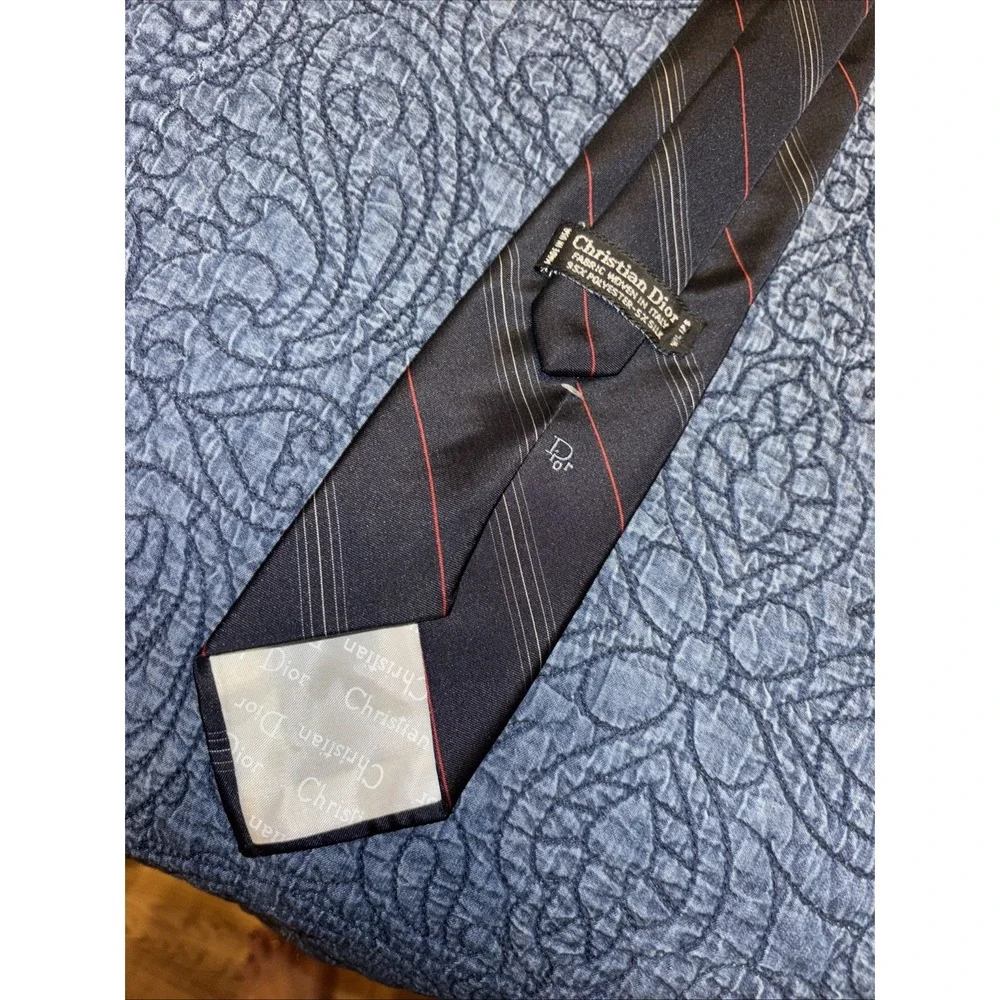Vtg Christian Dior Striped Tie Logo Black Red Gray Italian Poly / Silk USA Made